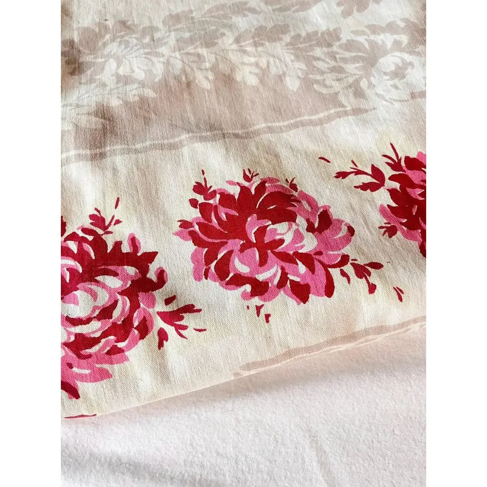 Vintage Tablecloth with Red and Pink Roses and Leaves